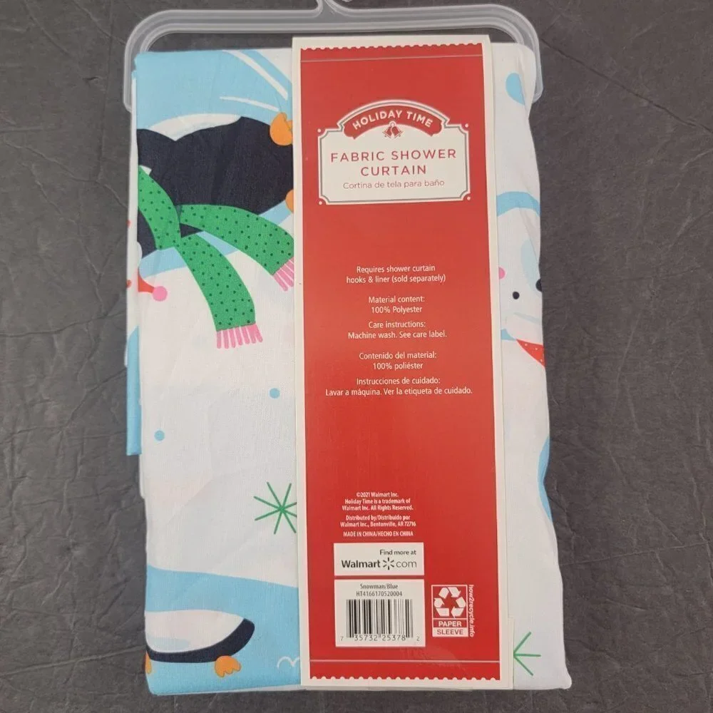 Snowman Blue Printed Christmas Fabric Shower Curtain - Size 72”x72”